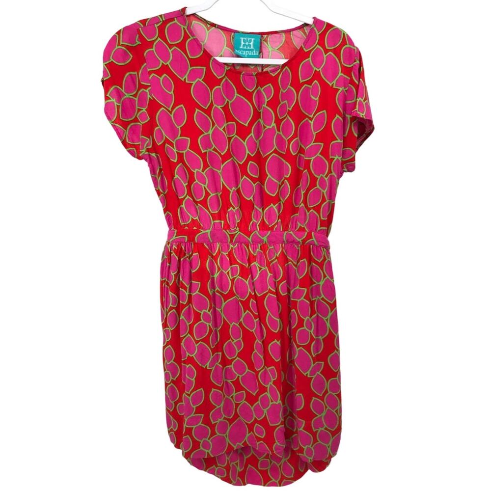 Escapada Red Pink Print Open Back Short Sleeve Mini Dress Womens L
